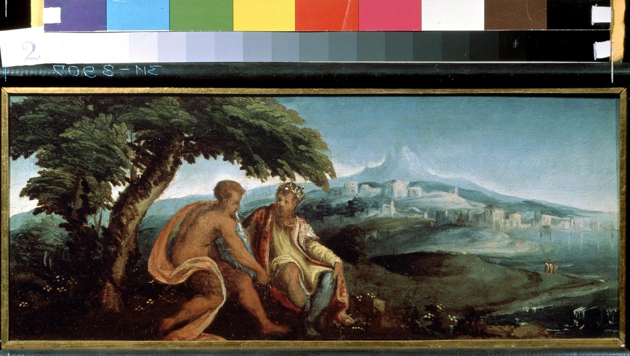 Kuningas Midas ja Pan (Kuningas Midas ja Pan). Andrea Schiavonen (noin 1520-1582) maalaus. Öljy kankaalle tekijältä Andrea Schiavone