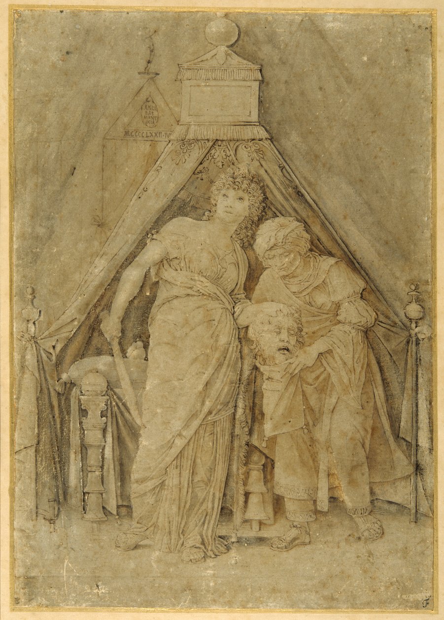 Judith Holofernesin pään kanssa Mantegnan jälkeen (kynä & ruskea muste ruskealla pesulla) tekijältä Andrea (follower of) Mantegna