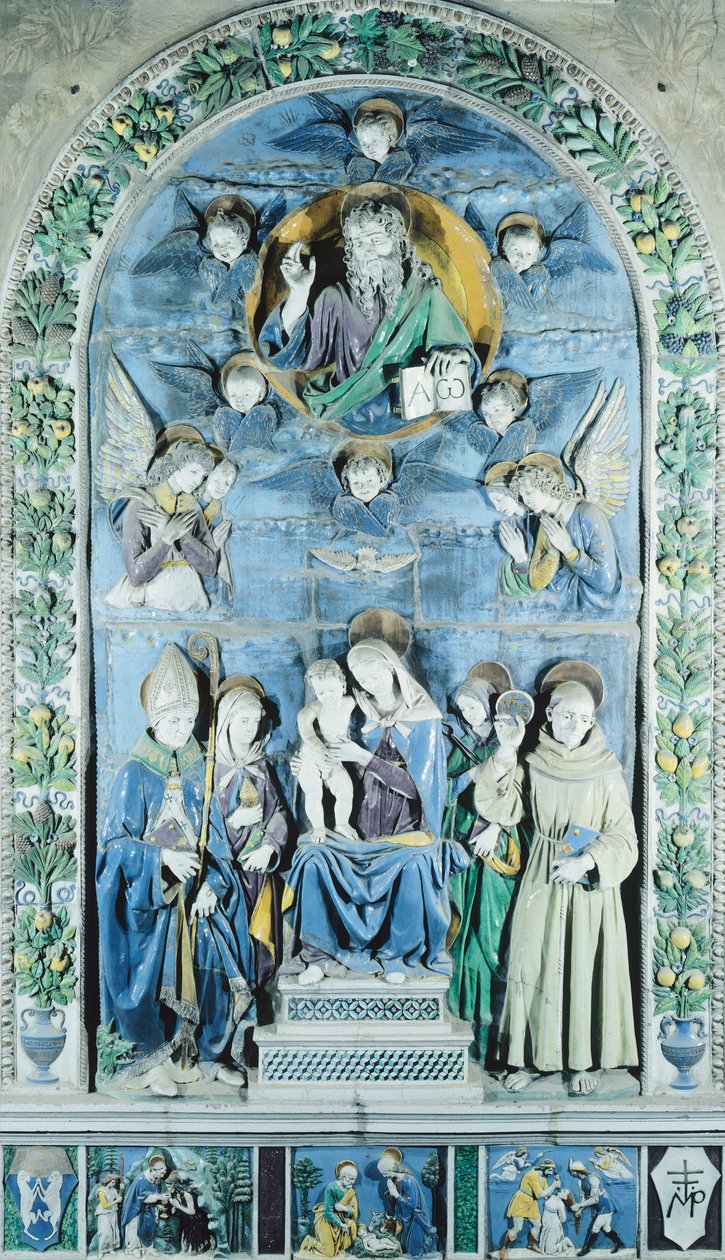 Madonna ja lapsi neljän pyhän kanssa, Italiassa, Arezzo, Katedraali (keraaminen) tekijältä Andrea (workshop of) Della Robbia