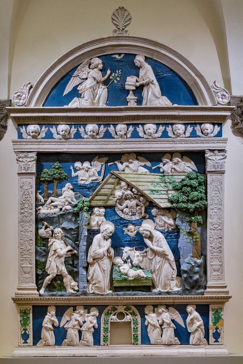 Syntymäjumalanpalvelus, Paimenten palvominen ja Ilmestyskirja tekijältä Andrea (workshop of) Della Robbia