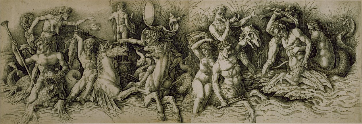 Battle of the Sea Gods (kynä ja ruskea muste paperille) tekijältä Andrea (workshop of) Mantegna