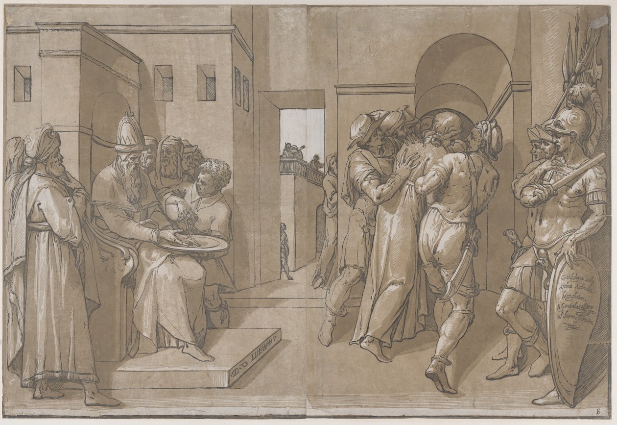 Kristus johdatetaan pois, sotilaat seisovat arkin oikealla puolella, 1585. tekijältä Andrea Andreani