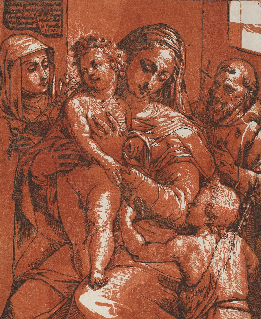 Madonna ja lapsi pyhien saattajana, 1585. tekijältä Andrea Andreani