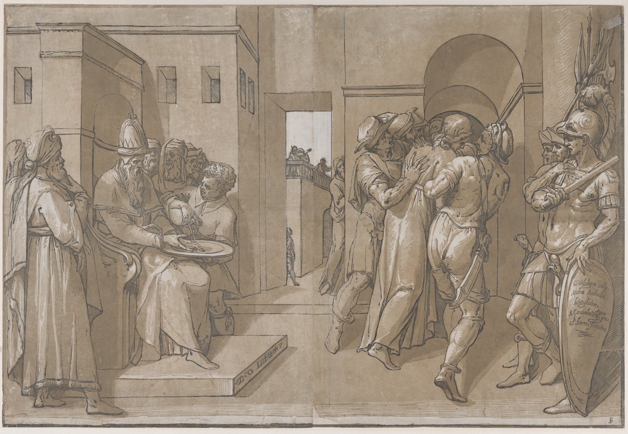Pilatus vasemmalla pesi kätensä lakanan vasemmalla puolella, 1585. tekijältä Andrea Andreani