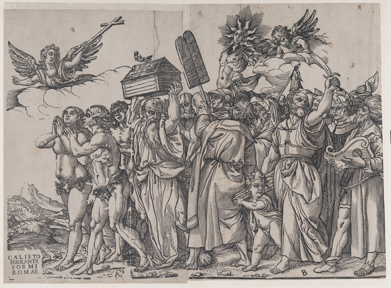 Osa A: enkeli pitelee ristiä vasemmassa yläkulmassa, Aadam ja Eeva alla, The Triumph of..., 1836. tekijältä Andrea Andreani