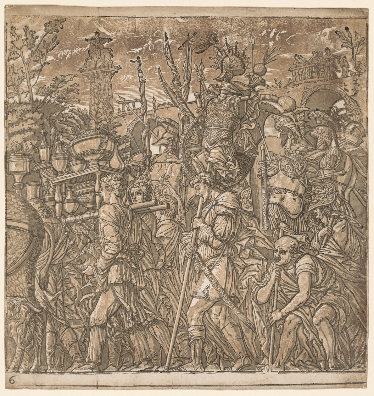 Julius Caesarin voitto: Maljakoita ja sotapalkintoja kantavat sotilaat, 1593-1599. tekijältä Andrea Andreani