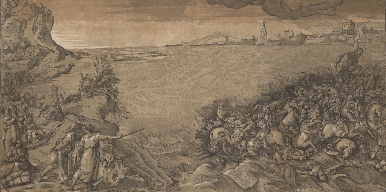 Punaisen meren ylitys, Mooses seisoo vasemmalla osoittaen armeijaa veden alla..., 1589. tekijältä Andrea Andreani