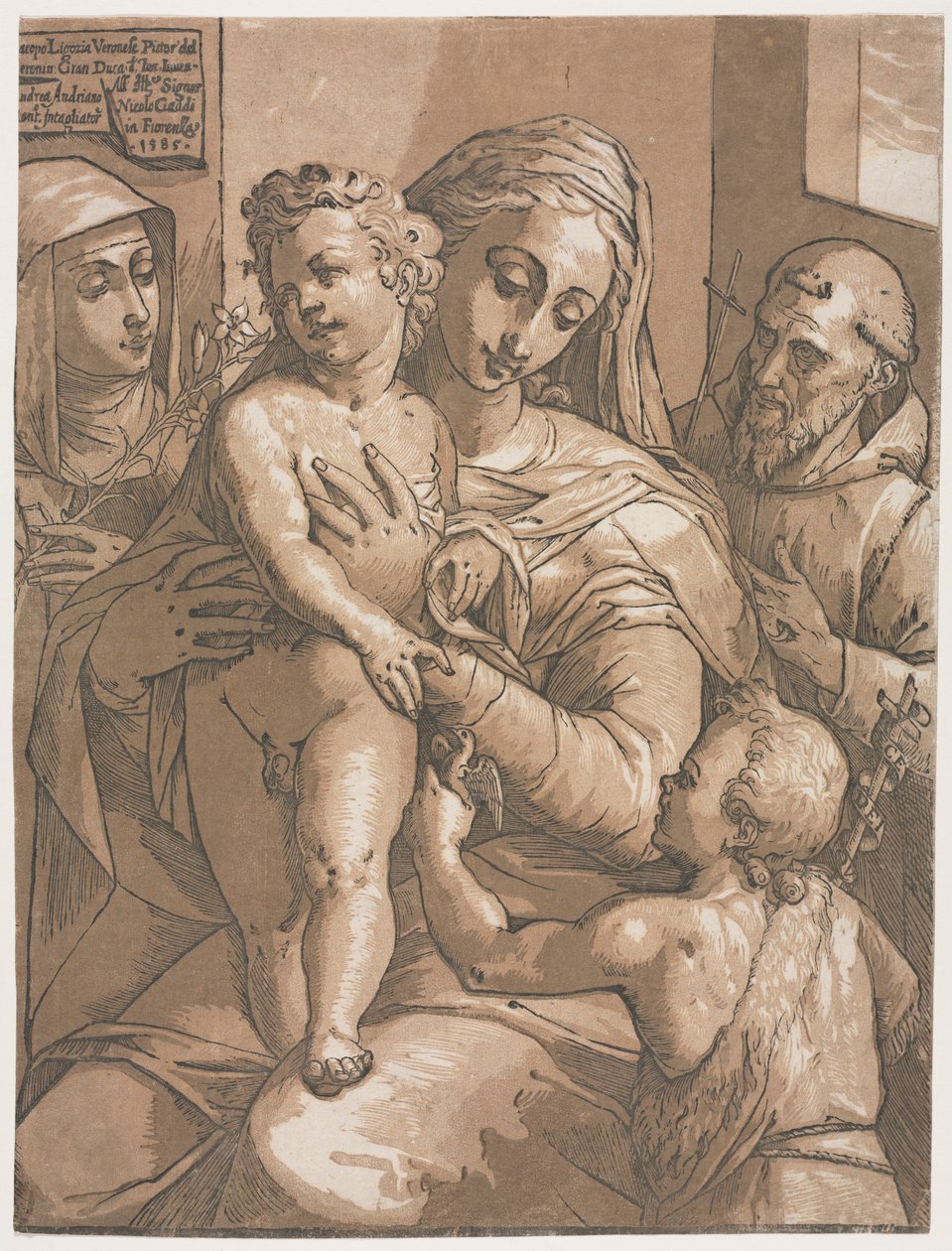 Neitsyt ja lapsi Pyhän Johanneksen, Pyhän Katariinan Sienan ja Pyhän Franciscuksen kanssa, 1585. tekijältä Andrea Andreani
