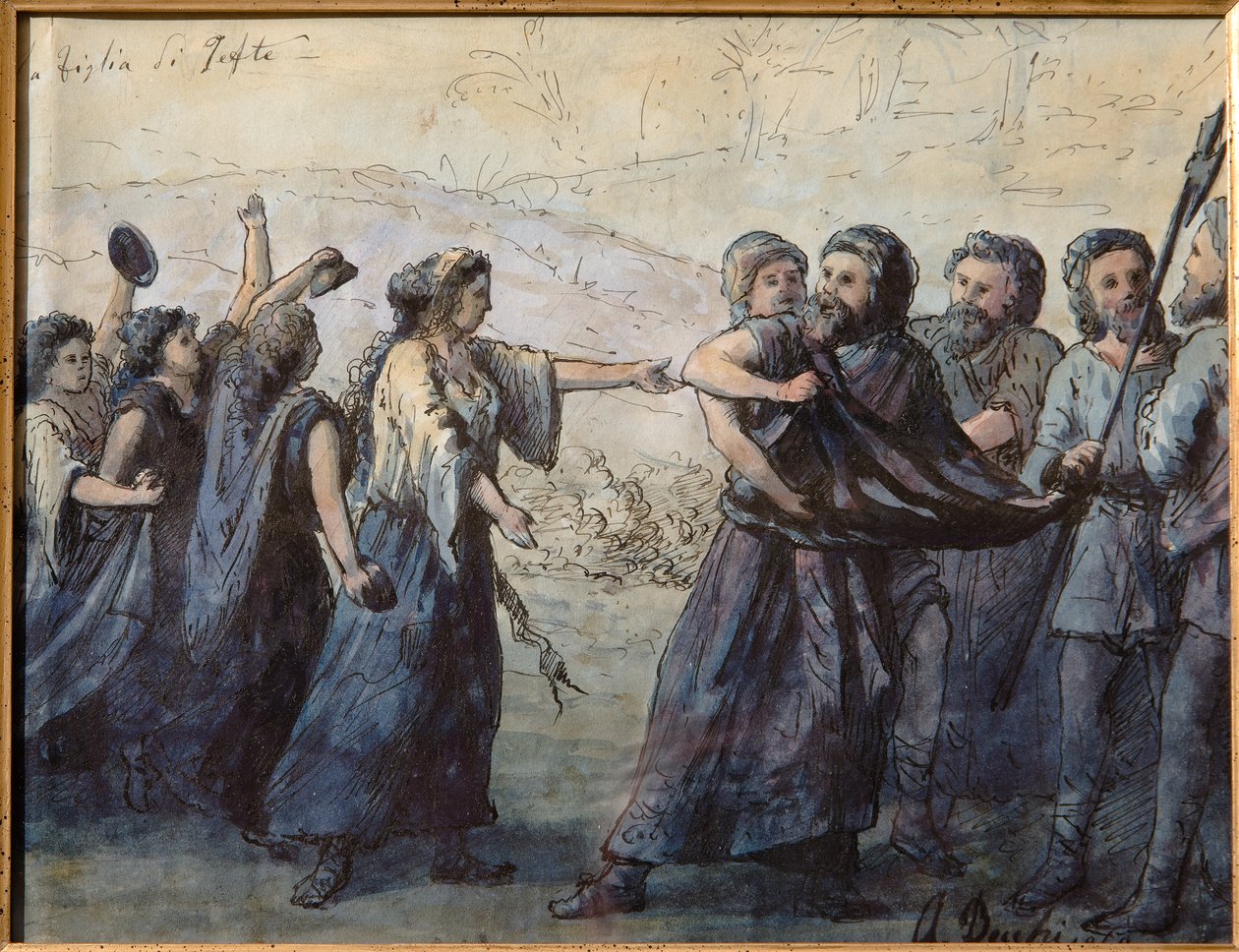 Jephthan tytär (akvarelli)tehty intialainen mustepiirustus, cm. 31 x 23,5. tekijältä Andrea Becchi