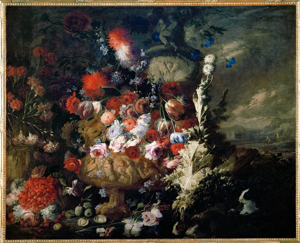 Maljakko, jossa on kukkia ja hedelmiä maisemassa - Vase de fleurs et fruits dans un paysage ... tekijältä Andrea Belvedere