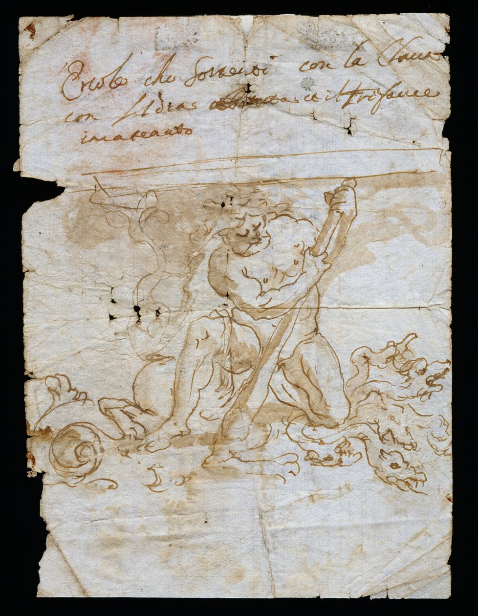 Suunnitteluluonnos vaakotelineeseen, pohja jossa Herkules Hydran ja Cerberuksen kanssa, Andrea Brustolon (1662-1732), akvarellikynä valkoisella paperilla, Italia tekijältä Andrea Brustolon