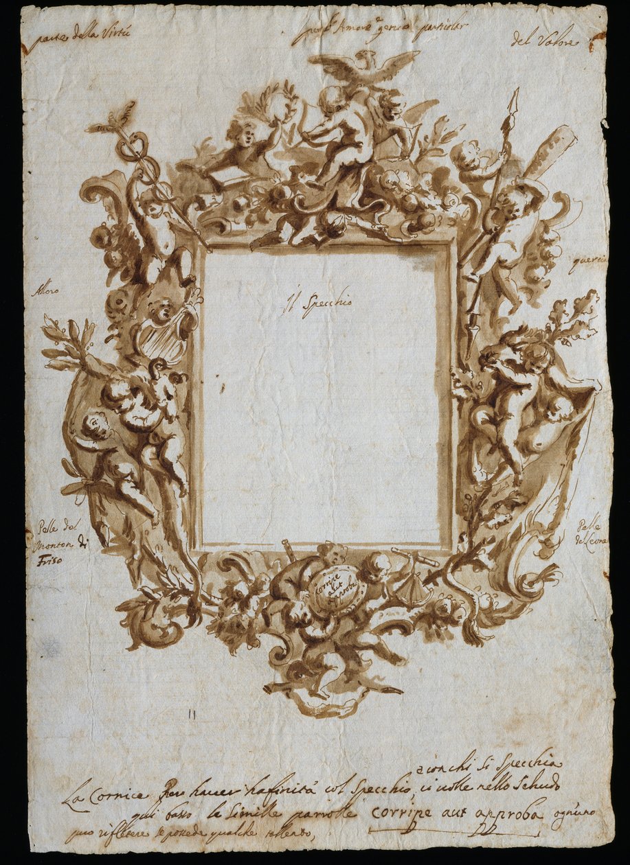 Ortogonaalinen piirros allegoriseen kehykseen, n. 1700, Andrea Brustolon (1662-1732), akvarellikynä valkoiselle paperille, Italia tekijältä Andrea Brustolon