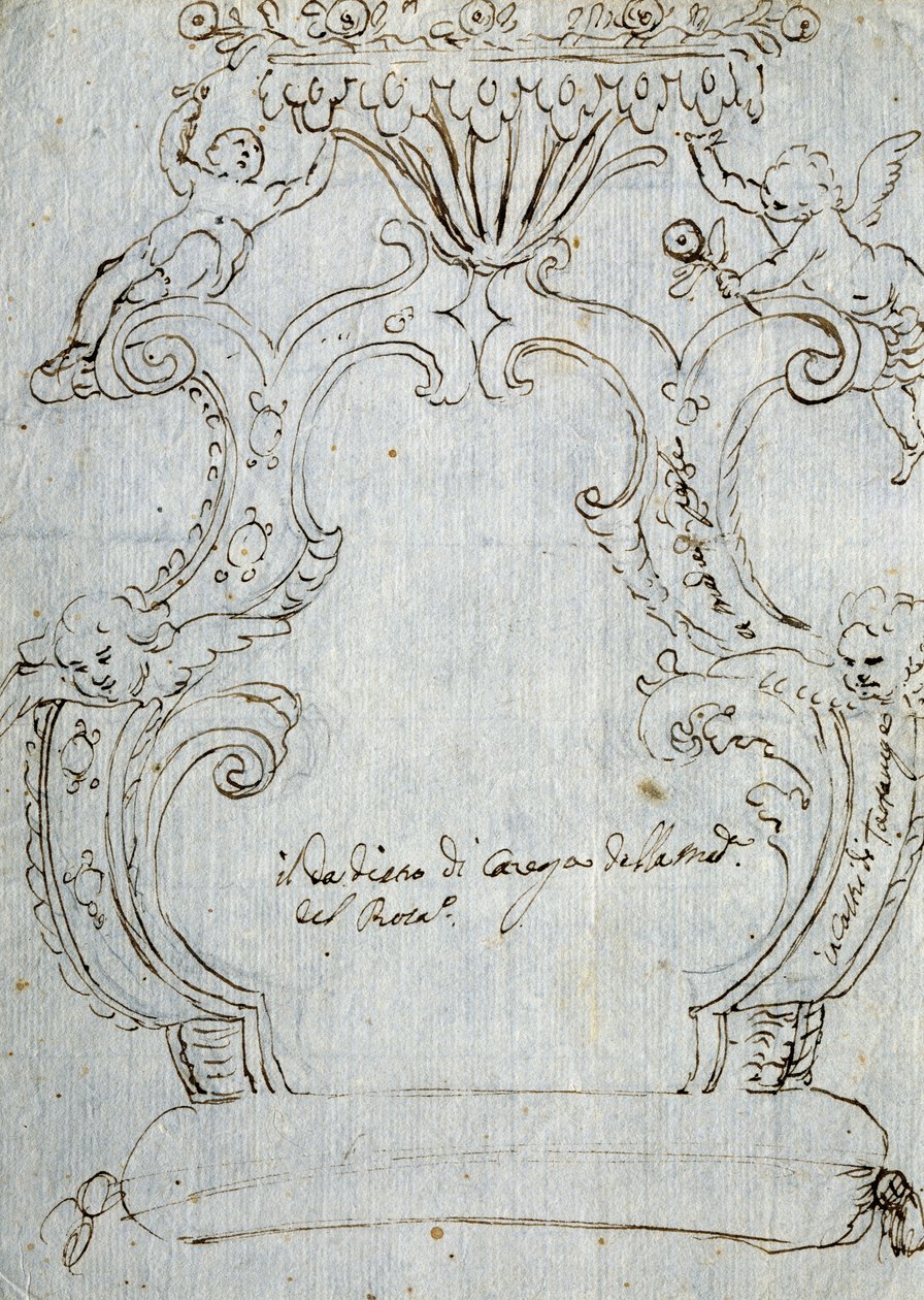 Luonnos tuolin selkänojaan, n. 1715, Andrea Brustolon (1662-1732), kynä ja kynä valkoisella paperilla, Italia tekijältä Andrea Brustolon