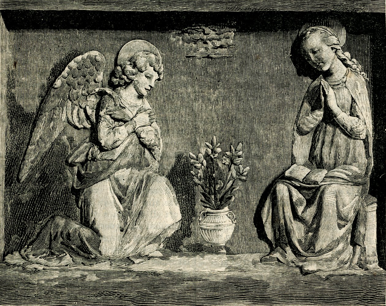 Ilmoitus, Andrea Della Robbia (1435-1525 tai 1528), Madonna del Buon Consiglion oratorio, Prato, Toscana, Italia, puupiirros Le cento citta d