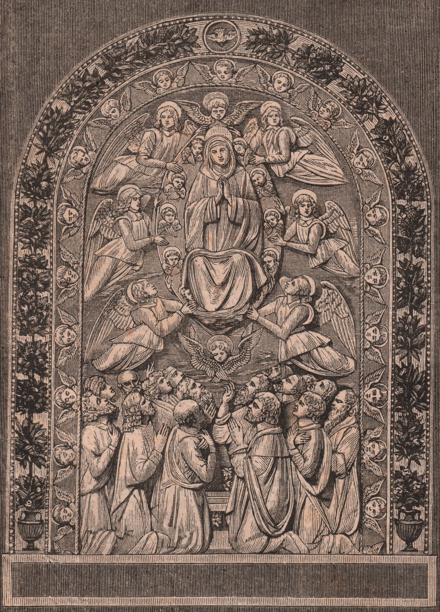 Neitsyt Marian taivaaseen, Andrea della Robbian (1435-1525 tai 1528) työpaja, Pinacoteca di Citta di Castello, Umbria, Italia, puupiirros teoksesta Le cento citta d