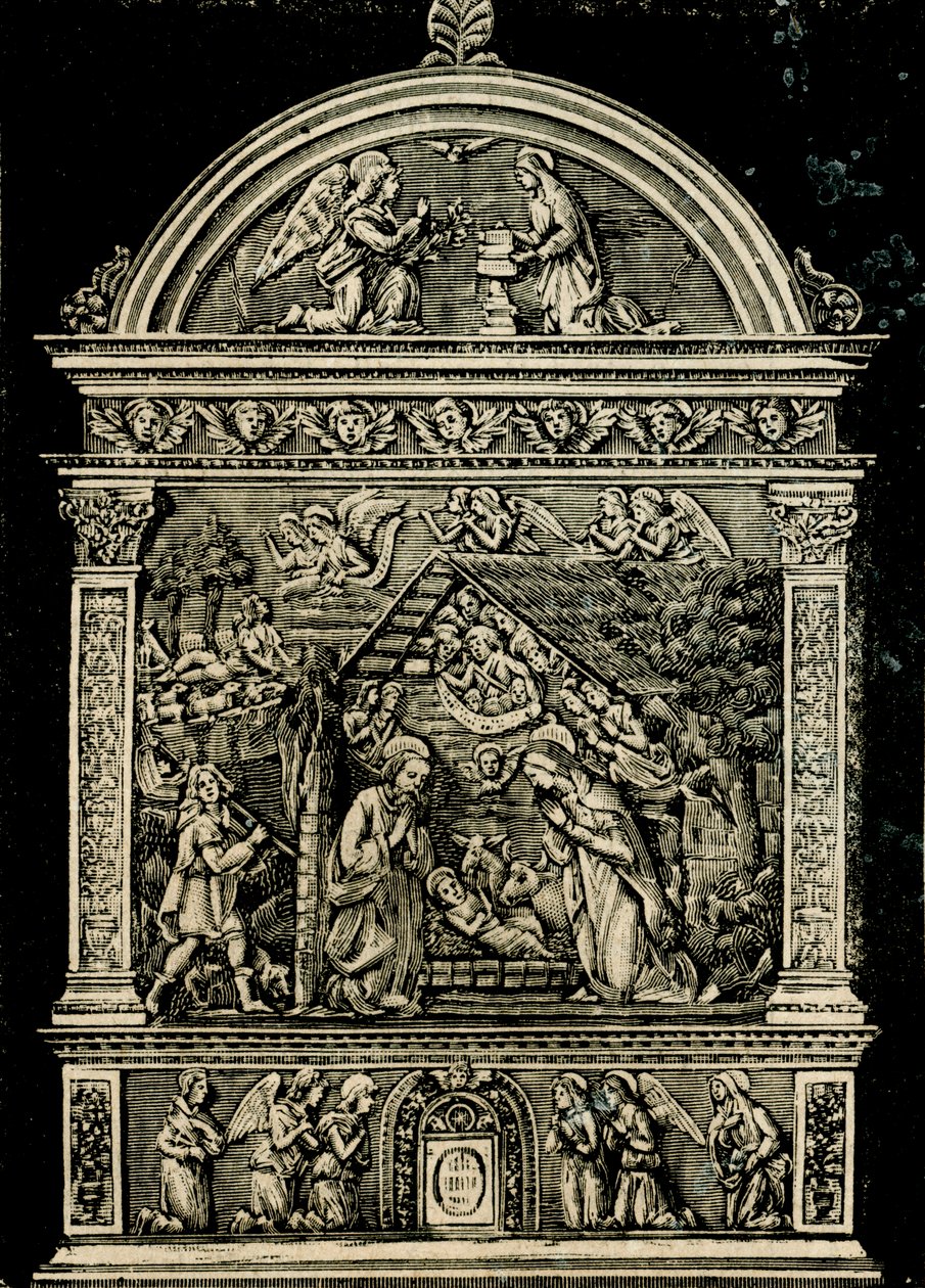 Seimi, Andrea della Robbian terrakottaalttaritaulu, Saint Claren kirkosta, Sansepolcron kaupunginmuseo, Toscana, Italia, puupiirros Le cento citta d