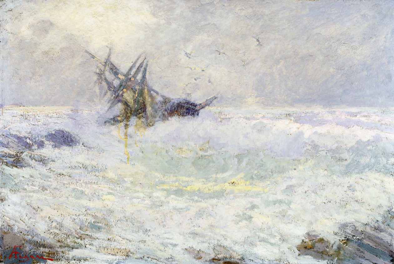 Myrskyinen meri eli Viimeinen suudelma, Andrea Figari (1858-1954), öljy pahville, 72x105 cm. Italia tekijältä Andrea Figari