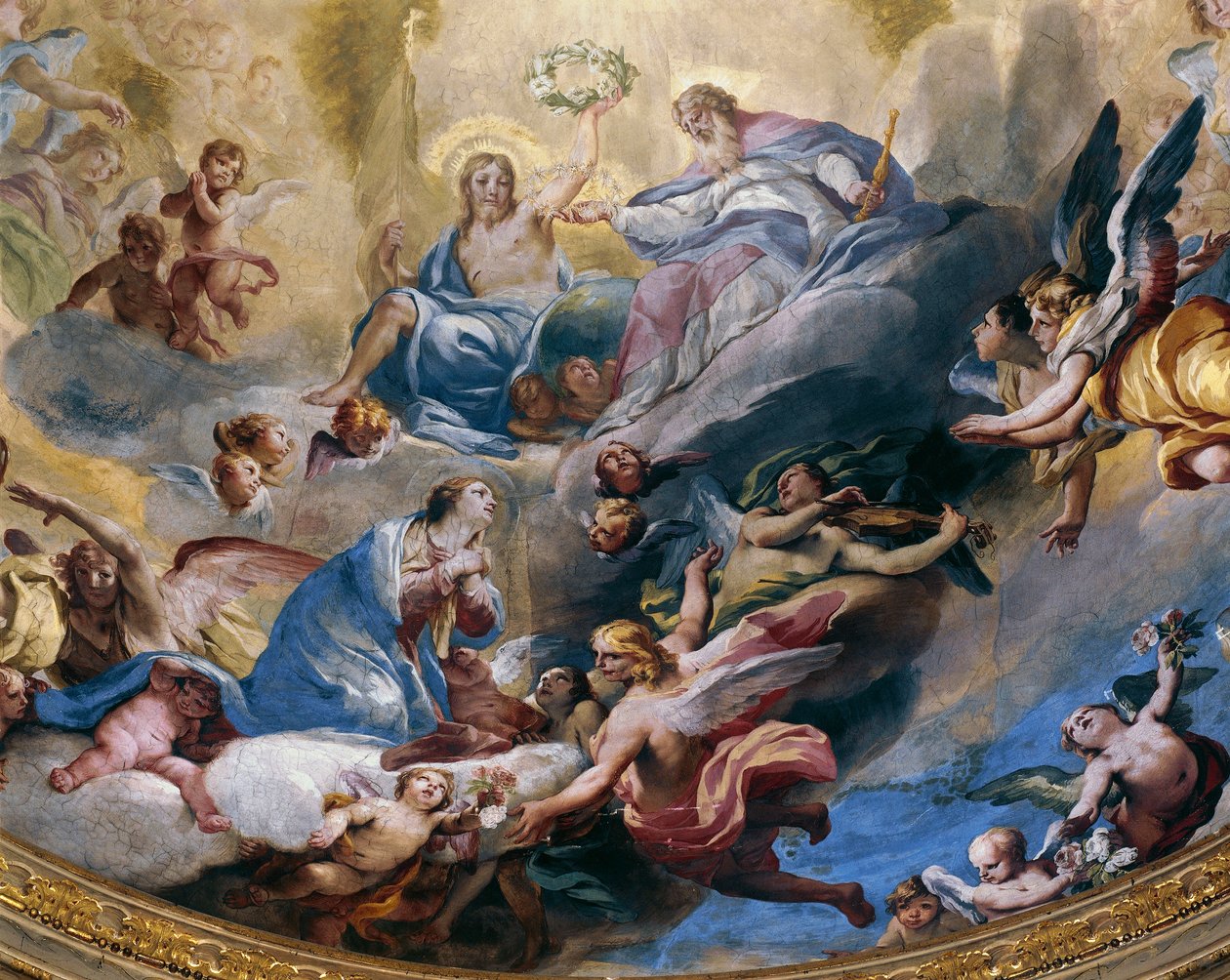 Neitsytten kruunaus, Andrea Lanzanin (1641-1712) vuonna 1699 maalaama fresko Sanctuary Of Incoronatan kuorossa Lodissa. Italia tekijältä Andrea Lanzani