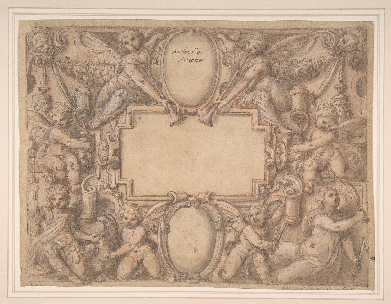Cartouche ja kaksi kilpeä allegoristen hahmojen ympäröimänä., 1570-1631. tekijältä Andrea Lilli