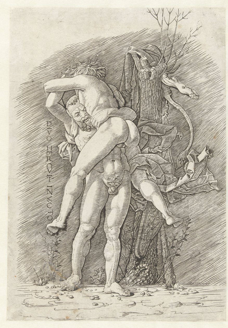 Hercules en Antaeus Voittamaton jumala Hercules (otsikko esineessä) tekijältä Andrea Mantegna (school of)