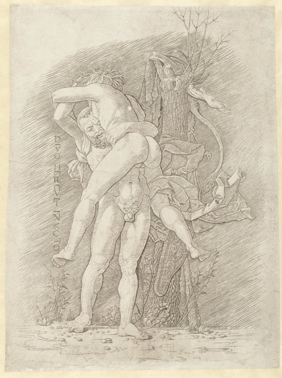 Hercules en Antaeus Voittamaton jumala Hercules (otsikko esineessä) tekijältä Andrea Mantegna (school of)