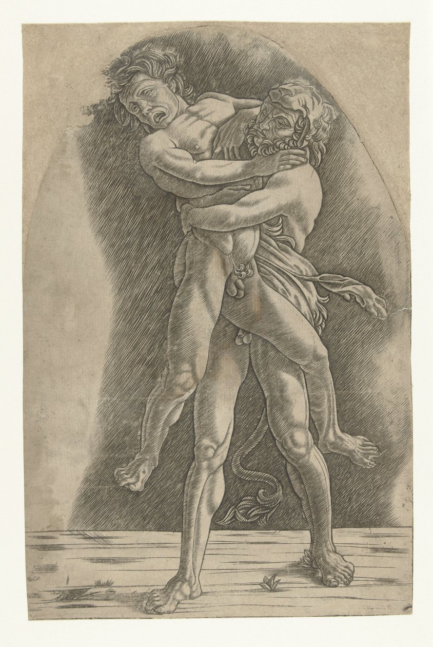 Hercules painii Antaeuksen kanssa tekijältä Andrea Mantegna (school of)