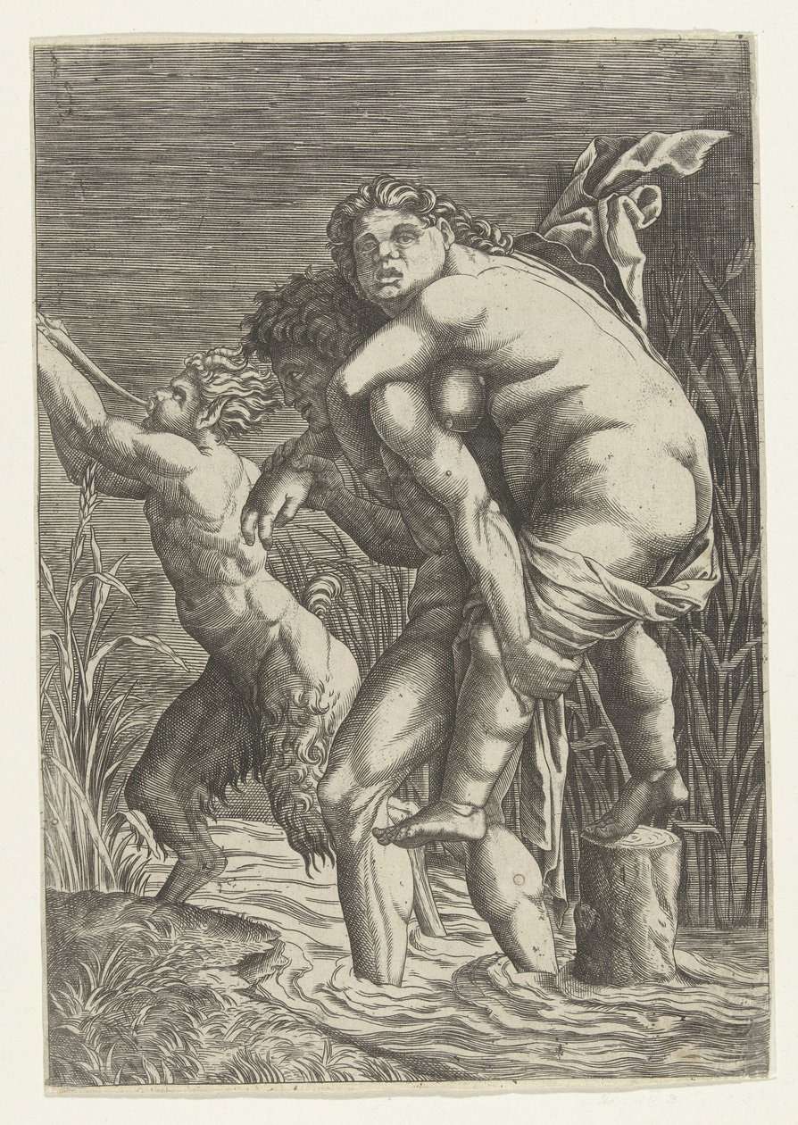 Mies kantaa naista selässään ja satyyriä tekijältä Andrea Mantegna (school of)