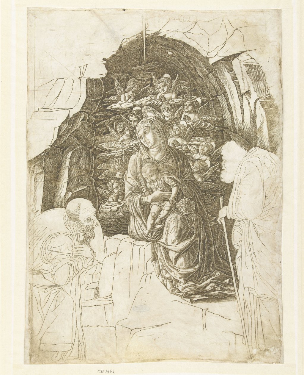 Maria lapsen kanssa enkelien ympäröimänä luolassa Joosefin ja kuninkaan kanssa palvomassa tekijältä Andrea Mantegna (school of)