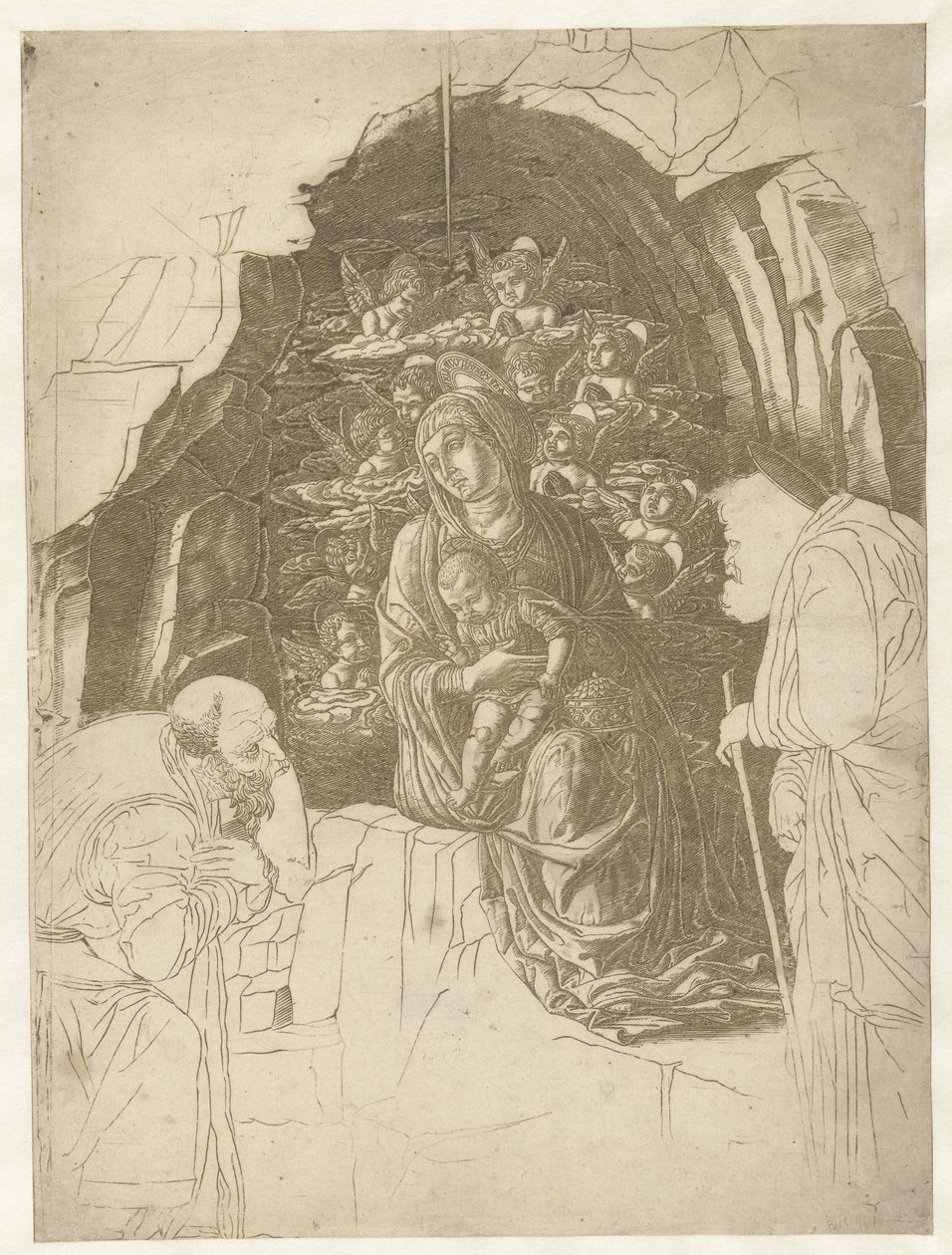 Maria lapsen kanssa enkelien ympäröimänä luolassa Joosefin ja kuninkaan kanssa palvomassa tekijältä Andrea Mantegna (school of)