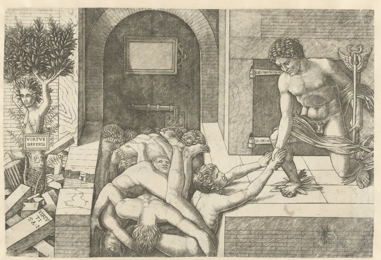 Merkurius hyveen persoonallisuutena pelastaa sieluja Limbossa ja Daphne muuttuu puuksi Virtus Deserta (otsikko esineessä) tekijältä Andrea Mantegna (school of)