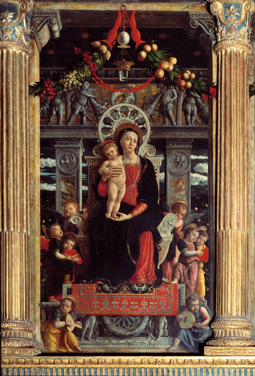 San Zenon alttaritaulu: keskipaneeli "Madonna lapsi yhdeksän enkelin kanssa" Andrea Mantegnan (1431-1506) maalaus 1457-1459 Verone, Basilica di San Zeno, Italia tekijältä Andrea Mantegna