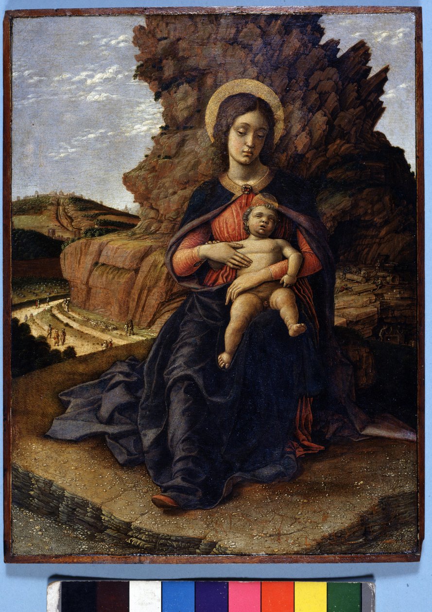 Andrea Mantegna, "Louhosten neitsyt": Neitsyt ja lapsi ja taustalla kivilouhokset työntekijöiden kanssa, Uffizi Gallery, Firenze tekijältä Andrea Mantegna
