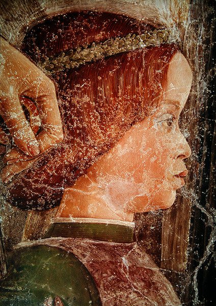 Kardinaali Francesco Gonzagan saapuminen, yksityiskohta yhdestä hänen nuoremmasta veljestään, n. 1465-1474 (78454:n yksityiskohta) tekijältä Andrea Mantegna