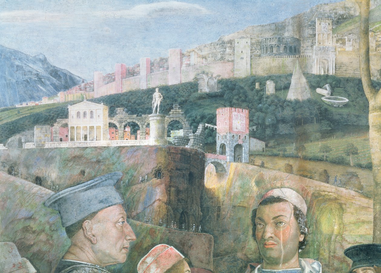Kardinaali Francesco Gonzagan saapuminen; taustan yksityiskohta, jossa näkyy ihannoitu näkymä Roomasta, Camera degli Sposi tai Camera Picta, 1465-74, fresko, yksityiskohta 78449:stä. tekijältä Andrea Mantegna