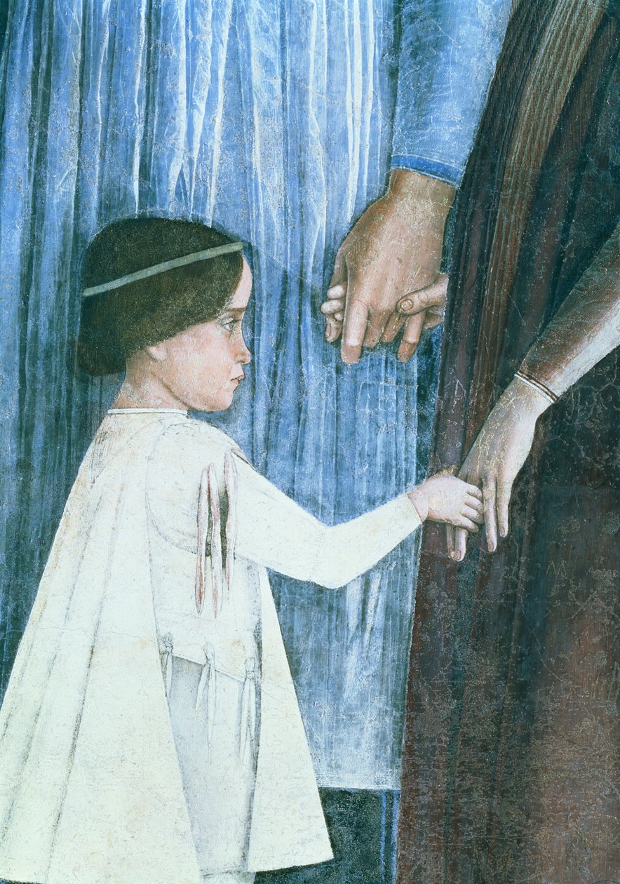 Kardinaali Francesco Gonzagan saapuminen: yksityiskohta, jossa näkyy yksi hänen nuoremmista veljistään, Camera degli Sposi tai Camera Picta, 1465-74, fresko, yksityiskohta 78449:stä. tekijältä Andrea Mantegna