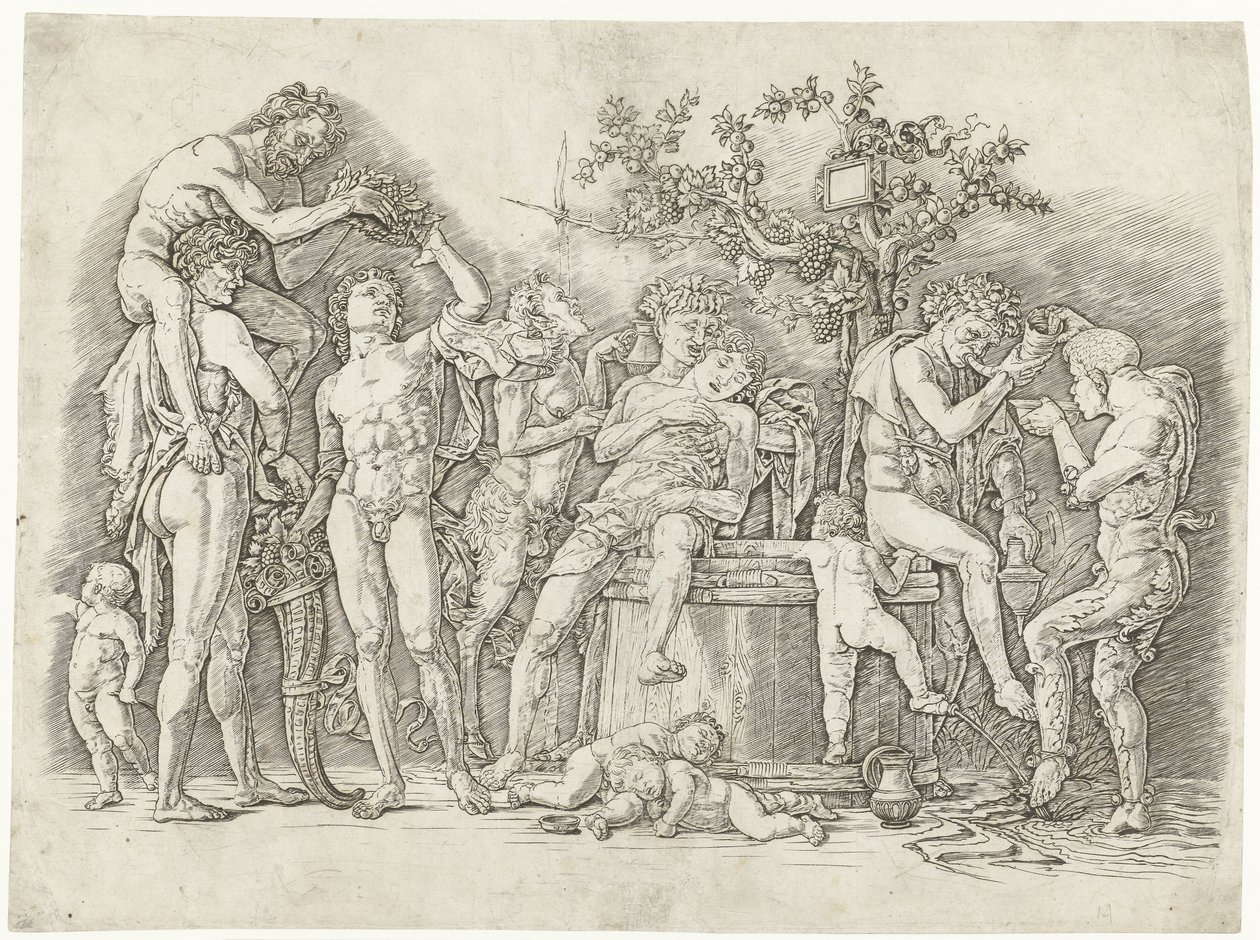 Bacchanal satyrien ja bacchantes kanssa viinikuurnassa tekijältä Andrea Mantegna