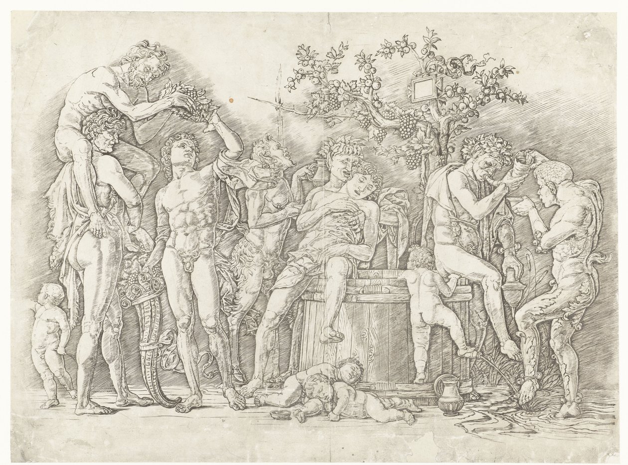 Bacchanal satyrien ja bacchantes kanssa viinikuurnassa tekijältä Andrea Mantegna
