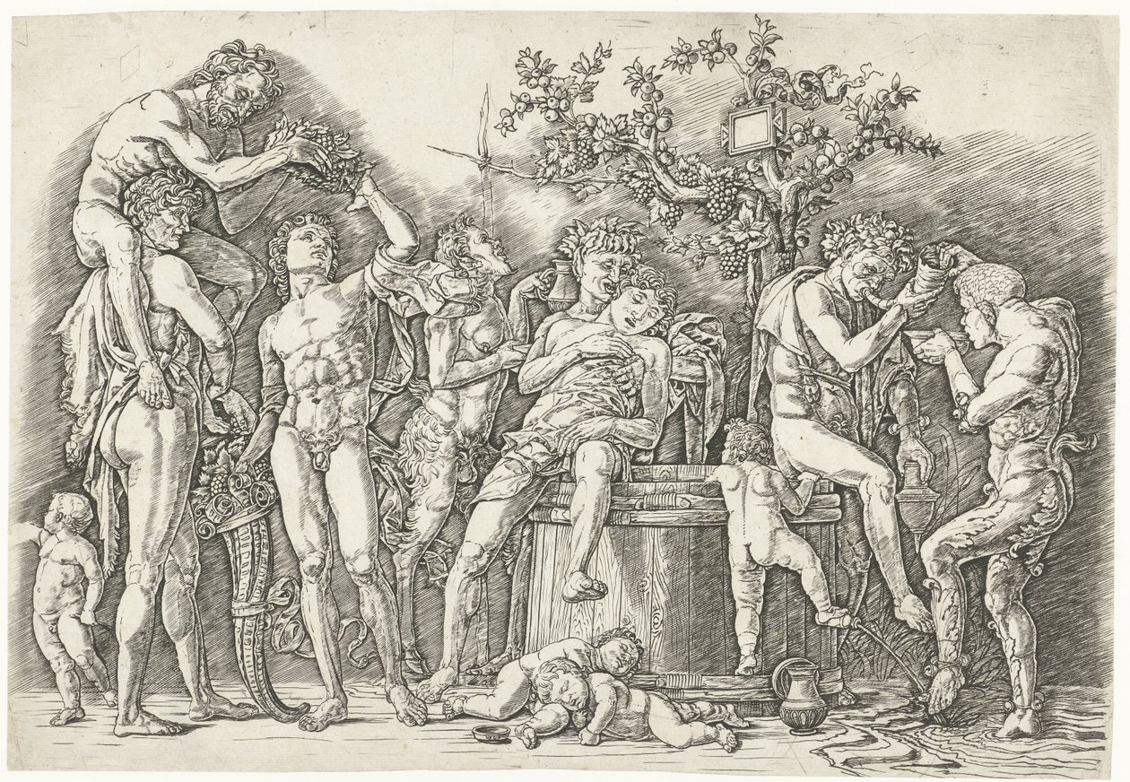 Bacchanal satyrien ja bacchantes kanssa viinikuurnassa tekijältä Andrea Mantegna