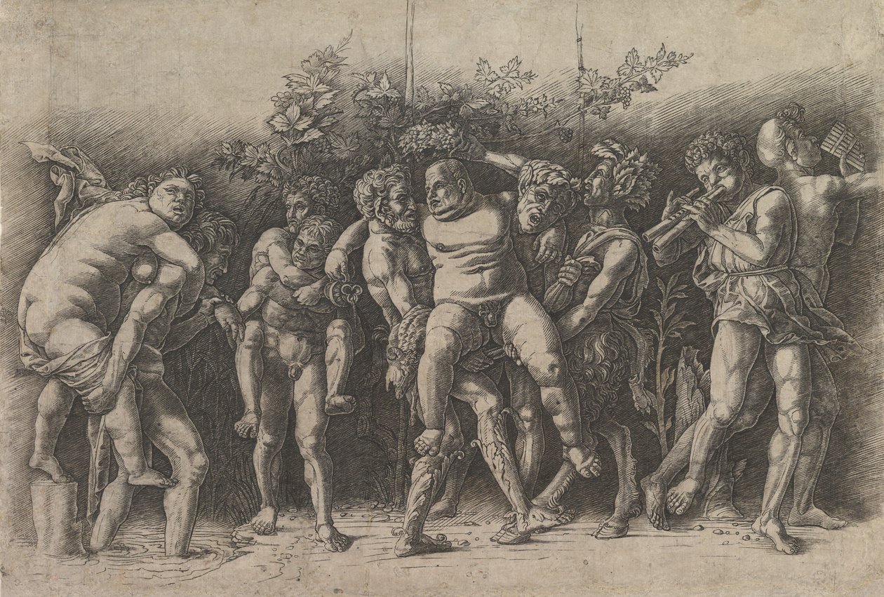 Bacchanal with Silenus, friisisävellys, jossa on kymmenen hahmoa Silenuksen ympärillä, joka on..., 1470-luvun alku. tekijältä Andrea Mantegna