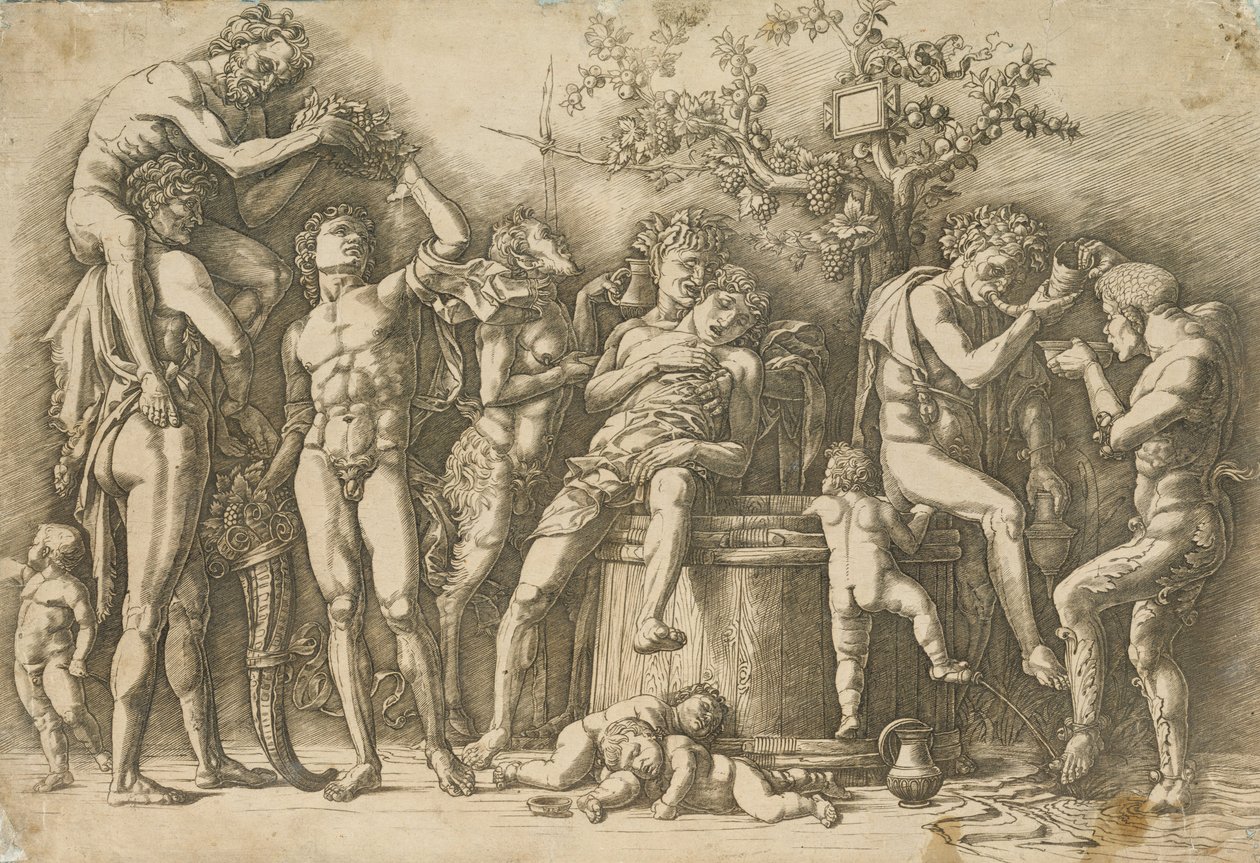 Bacchanal viinialtaalla, n. 1470-90 (kaiverrus ja kuivakärki) tekijältä Andrea Mantegna