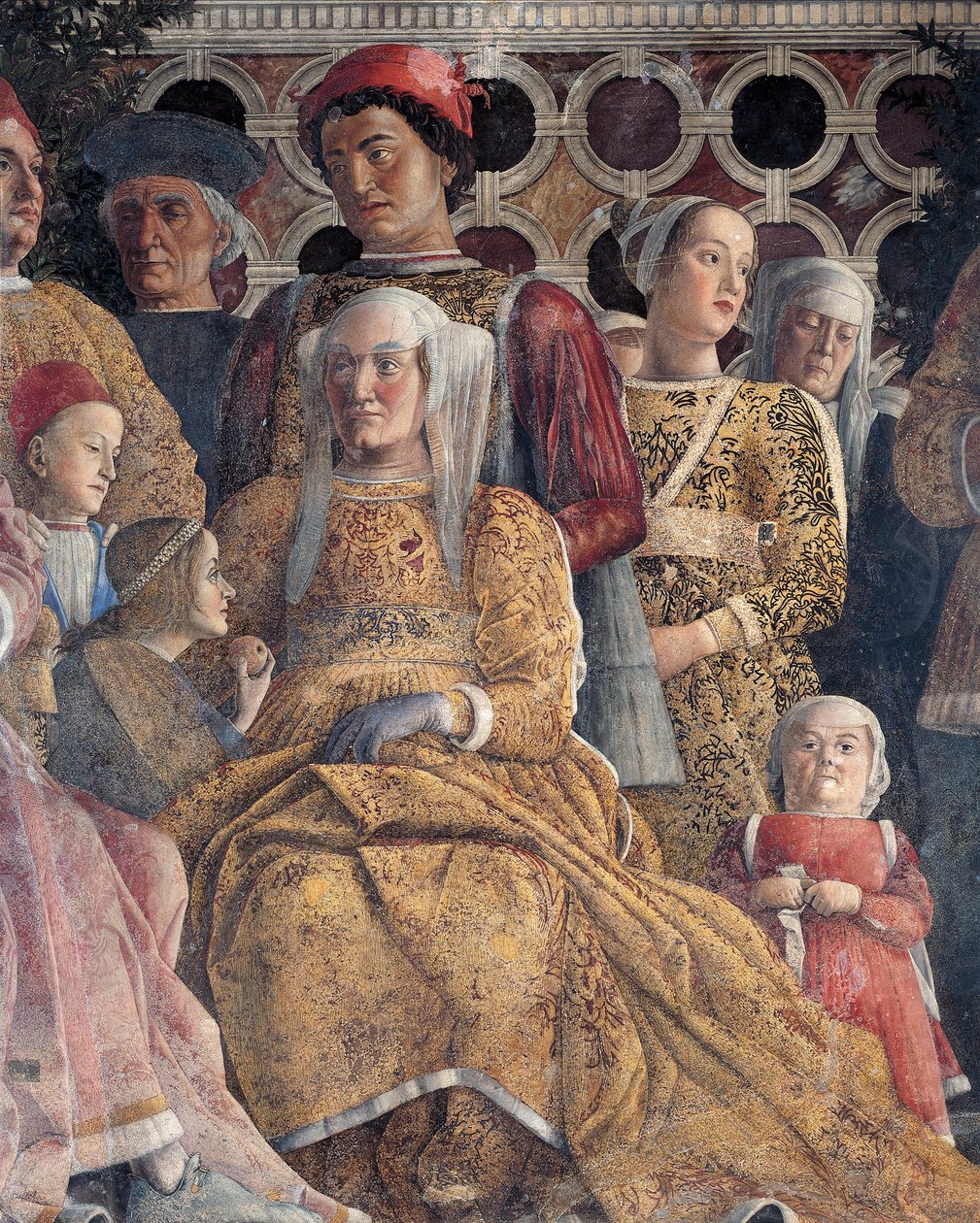 Brandenburgilainen Barbara tyttärensä Paulan ja Rodolfo Gonzagan kanssa, yksityiskohta Court Wallista, Andrea Mantegna (1431-1506), fresko, San Giorgion linna, hääkammio tai Camera Picta, Mantova tekijältä Andrea Mantegna