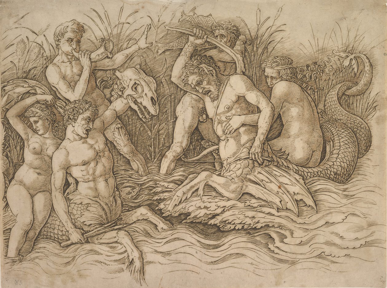 Merijumalien taistelu oikea puolisko, n. 1485-88. tekijältä Andrea Mantegna