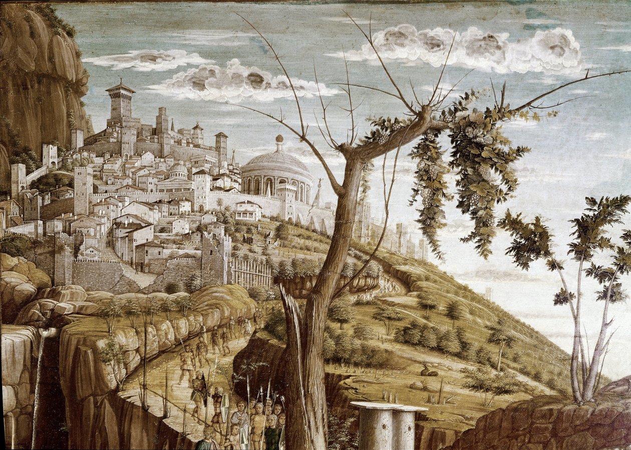 Kristus rukoilee oliivipuutarhassa, predellin vasen osa, San Zenon alttaritaulu (tempera puulla, n. 1457-1460) tekijältä Andrea Mantegna