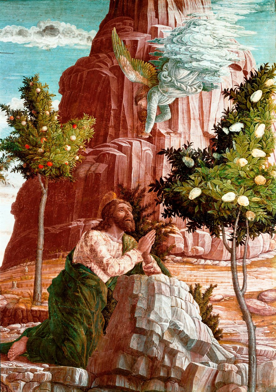 Kristus rukoilee Oliivipuutarhassa. Yksityiskohta. Predelle San Zeno de Veronan alttaritaulusta. Andrea Mantegnan (1431-1506) maalaus (tempera) puulle tekijältä Andrea Mantegna