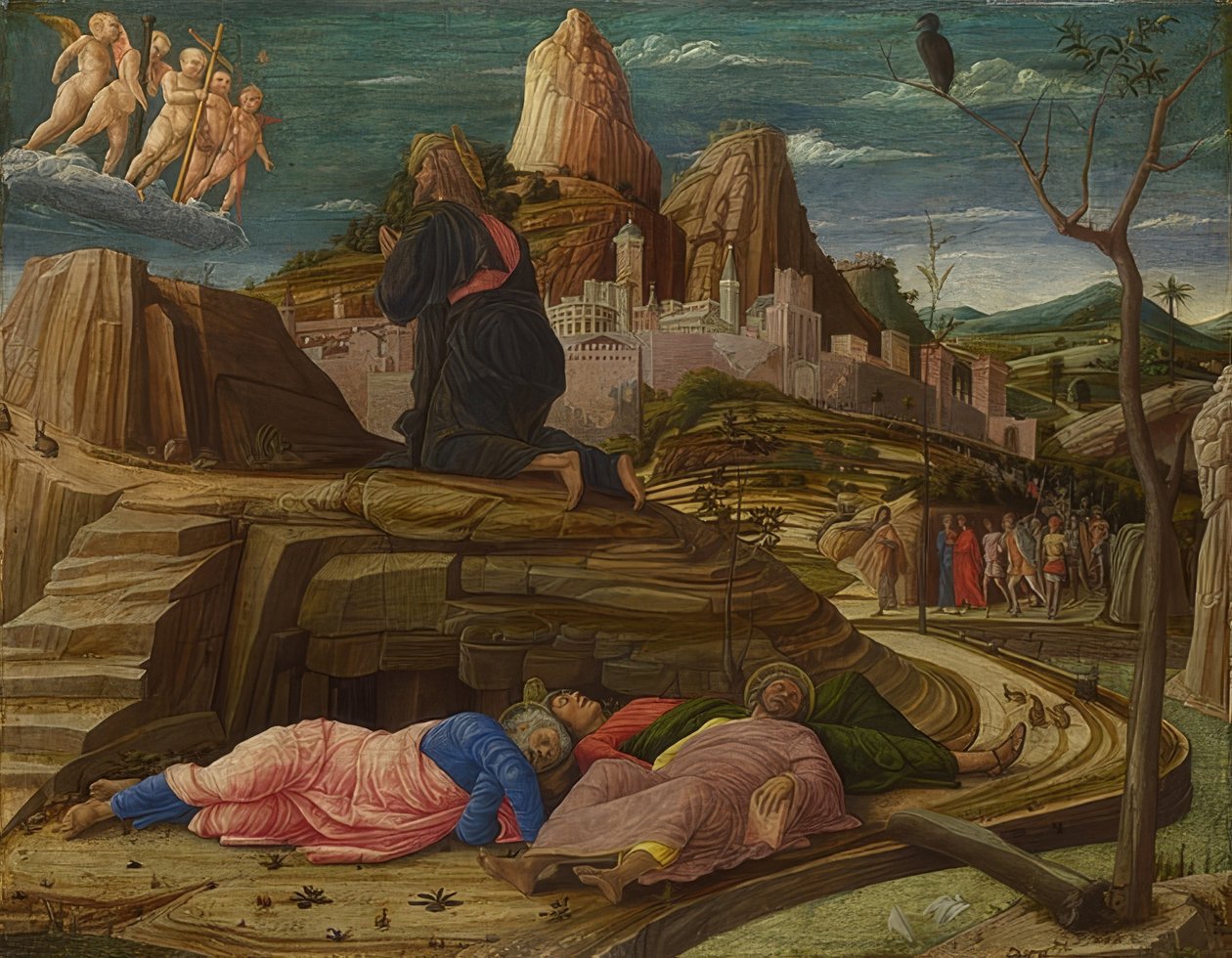 Kristus Öljymäellä. Noin 1458-60 tekijältä Andrea Mantegna