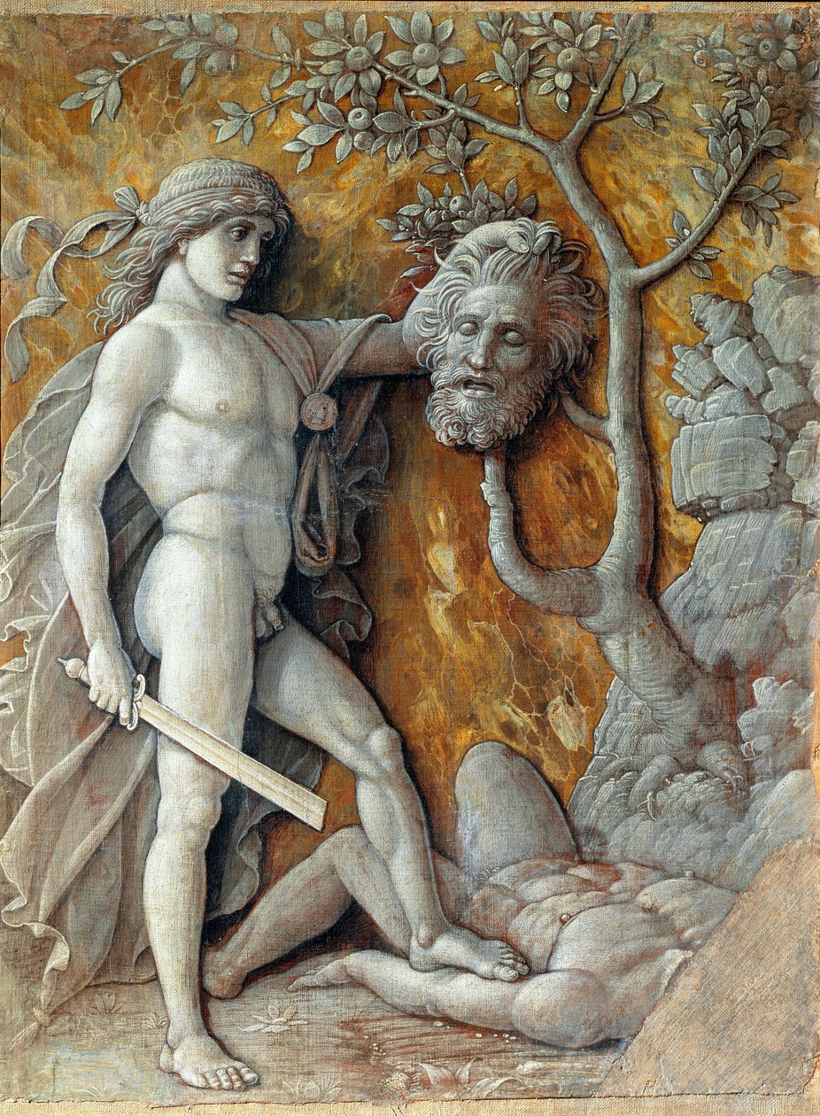 David pitelee Goljatin päätä Andrea Mantegnan (1431-1506) maalaus 1490 su. 36x48,5 cm Wien, Kunsthistorisches Museum tekijältä Andrea Mantegna