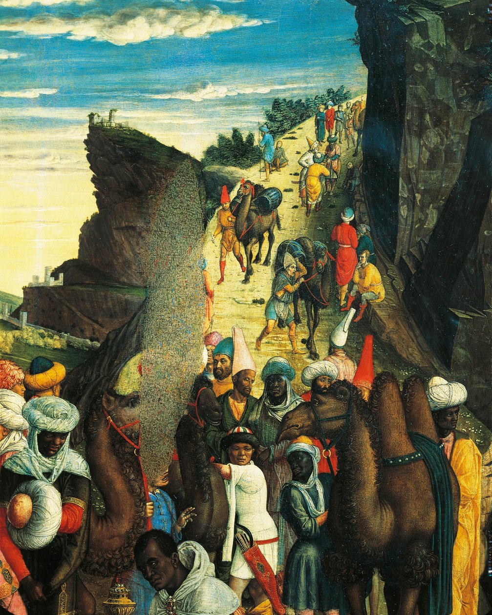 Yksityiskohta Adoration of the Magi, joka edustaa The Magin karavaania, kirjoittanut Andrea Mantegna tekijältä Andrea Mantegna