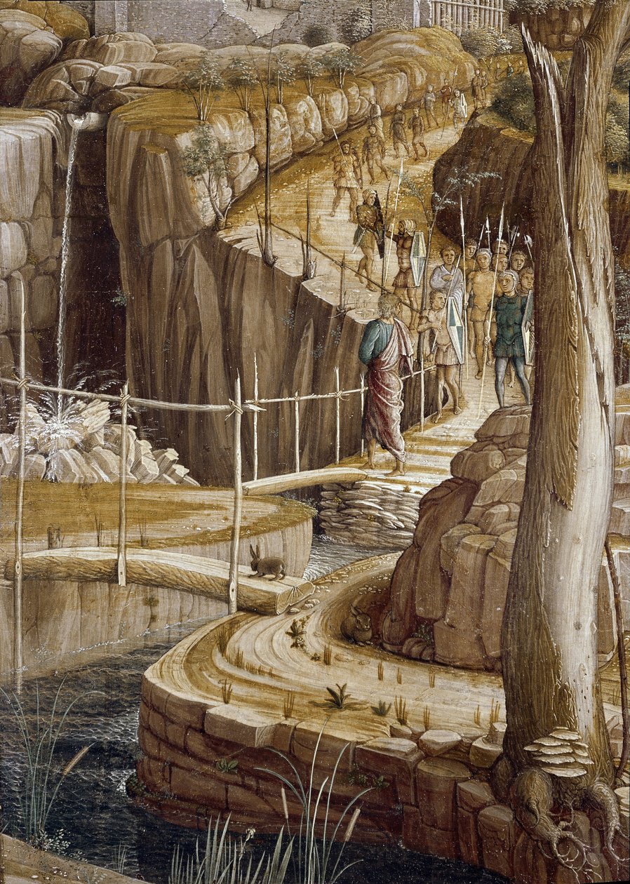 Yksityiskohta ”Rukous oliivipuiden puutarhassa”, Juudas johdattaa sotilaat Jeesuksen luo – Agony in the Garden tekijältä Andrea Mantegna