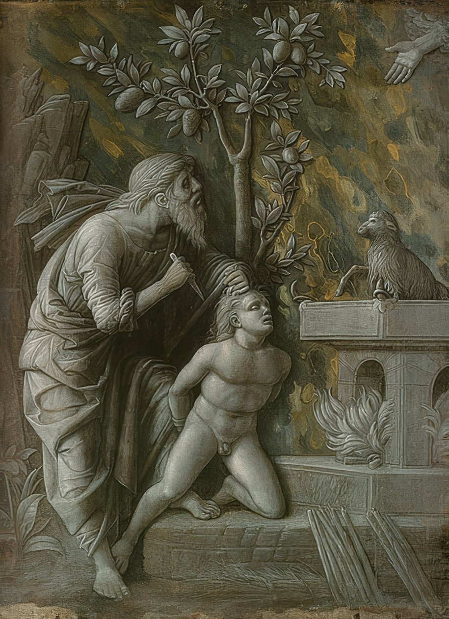 Iisakin uhri. Noin 1490-95 tekijältä Andrea Mantegna