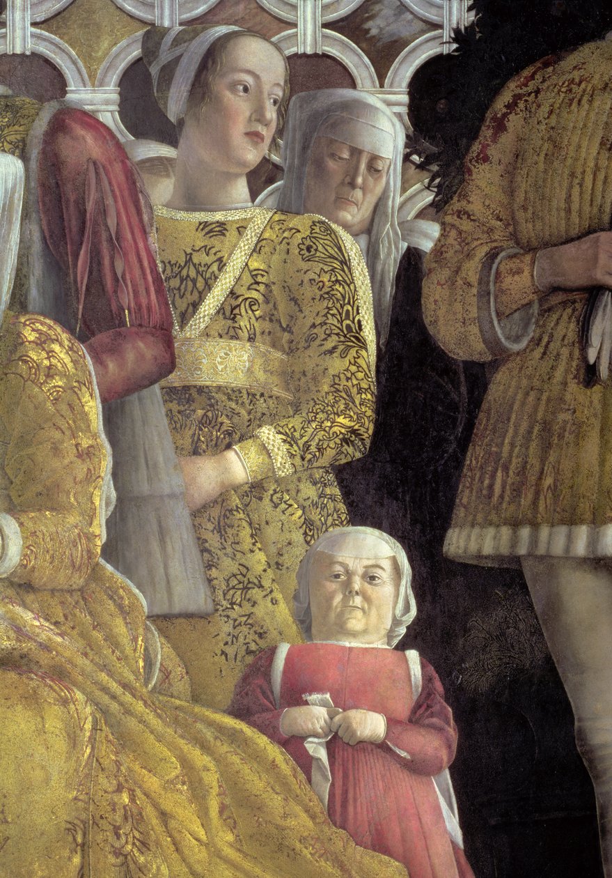 Kääpiö ja muita hovin jäseniä Mantovan marsalkka Ludovico Gonzaga III:n perheen ja hovin ryhmämuotokuvasta, Camera degli Sposi tai Camera Picta, 1465-74, fresko, kuva 78449, yksityiskohta tekijältä Andrea Mantegna